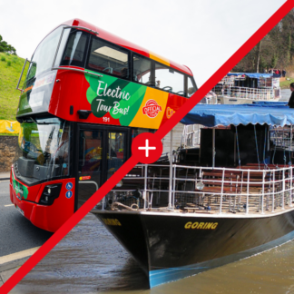 Image shows a picture of one of City Sightseeing Oxford's open-top buses in the top left-hand corner, and an image of Salters Steamers boat in the bottom right-hand corner.