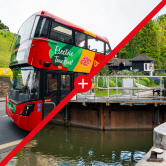 Image shows a picture of one of City Sightseeing Oxford's open-top buses in the top left-hand corner, and an image of Iffley Lock in the bottom right-hand corner.