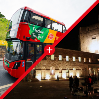 Photo shows an image of a City Sightseeing tour bus in the top right-hand corner, and an image of Oxford Castle at night in the bottom right-hand corner.