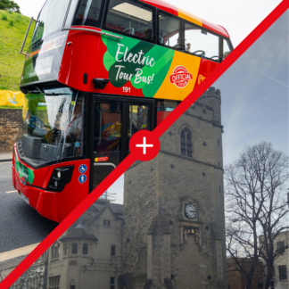 The images shows a picture of the City Sightseeing open-top bus in the top left-hand corner. There is a photo of Carfax Tower in the bottom right-hand corner.