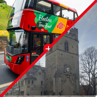 Image shows picture of a City Sightseeing Oxford bus in the top left-hand corner, and a photo of Carfax Tower in the bottom right-hand corner.