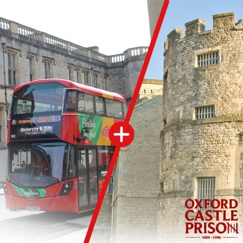 Split image of bus and Oxford Castle and Prison